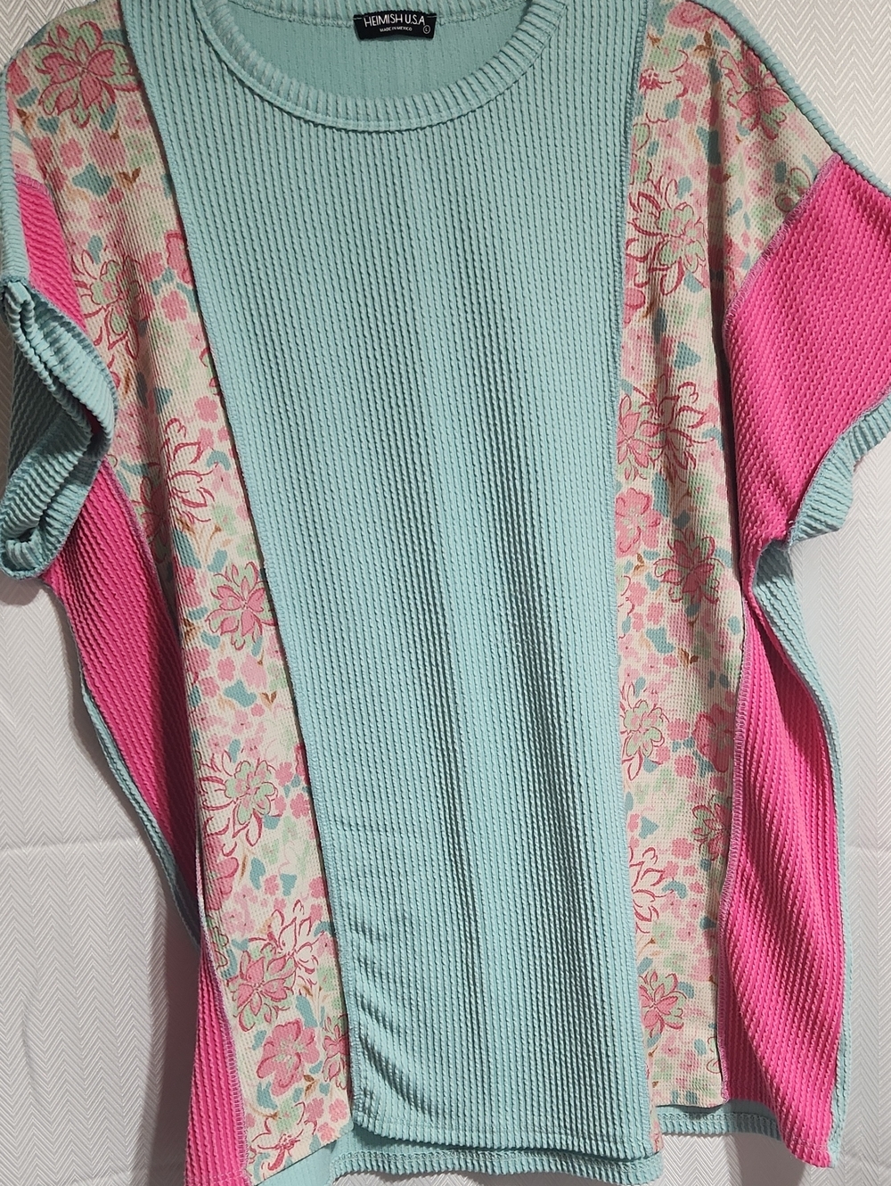 L HEIMISH USA Mint, Pink & Floral Paneled Short Sleeve Top